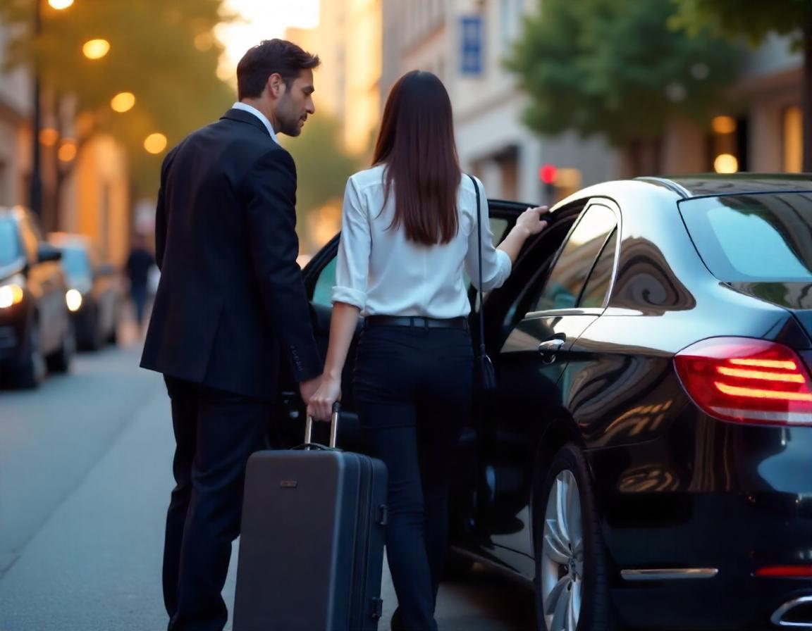 a man and woman with luggage standing next to a car