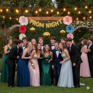 Group of friends taking prom photos outdoors, dressed in formal prom outfits, capturing joyful memories