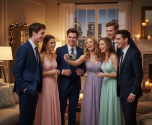 Teens laughing and chatting before prom, wearing stylish formal outfits, enjoying the evening