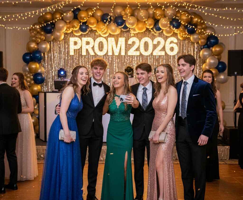 High school friends enjoying prom night together, dressed in formal attire, smiling and taking group photos