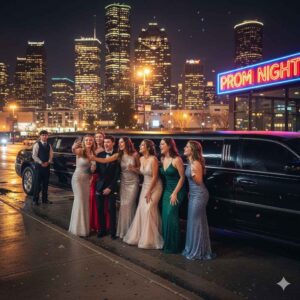 Group of high school friends enjoying a luxurious limo ride, dressed in prom outfits, laughing and taking selfies