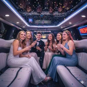 Group of high school friends enjoying a luxurious limo ride, dressed in prom outfits, laughing and taking selfies