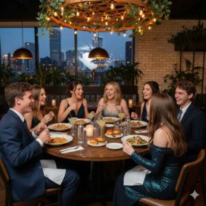 High school teens enjoying pre-prom dinner at a stylish Houston restaurant, seated at a table with food and drinks