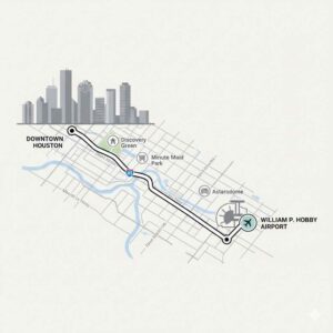 Map showing travel route from downtown Houston to William P. Hobby Airport