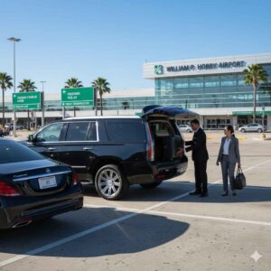 Professional car service arriving at William P. Hobby Airport in Houston for airport transportation