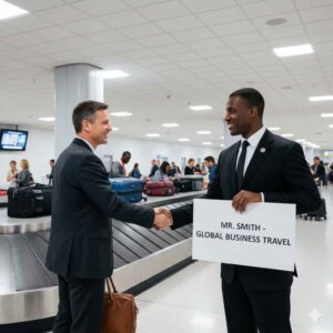 Professional chauffeur providing meet and greet service at Hobby Airport baggage claim