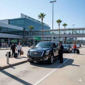 Passenger pickup area at William P. Hobby Airport for private car service in Houston