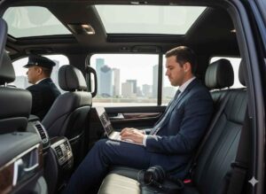 Houston executive using professional chauffeur service to Hobby Airport while working inside luxury vehicle