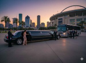 Luxury limo service arriving at NRG Stadium for a major Houston event