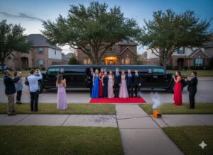 High school students arriving at prom in a Houston Hummer limo