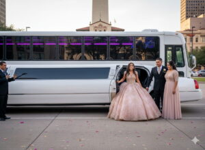 Quinceañera arriving in a luxury limousine in Houston