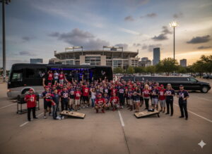 Houston sports fans arriving at NRG Stadium in a luxury party bus